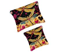FNETJXF Set di 2 trousse per il trucco in finta pelle, piccola borsa per il trucco, mini borsa impermeabile, borsa da viaggio multifunzionale, scarabocchiare arte libellula cuore cartone animato