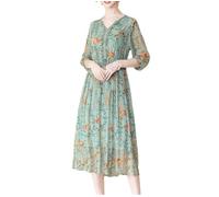 Fnfmrfmr Abito da donna in chiffon con coulisse con scollo a V Regolare la vita increspata mezza manica abiti lunghi midi, Blu, XXL