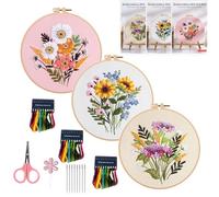 Fnjuucw Confezione da 3 kit da ricamo per principianti, motivo floreale con piante e kit per punto croce, per adulti, fai da te, include panno da ricamo con 3 cerchi da ricamo, fili e aghi