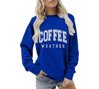 FNKDOR Felpa da donna senza cappuccio, con lettere, color caffè, senza cappuccio, a maniche lunghe, per autunno e inverno, Blu, L