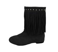 FNKDOR Stivaletti da donna con gambo ampio piatto, in camoscio, con frange, borchie, Nero , 36 EU