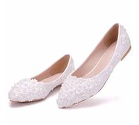 FNKPI, Scarpe Basse da Sposa, Décolleté in Pizzo Bianco da Sposa, Scarpe Casual Ballerine, Scarpe da Sposa con Imitazione di Fiori Adatte per Matrimoni, Feste, Feste da Ballo,Bianca,40 EU
