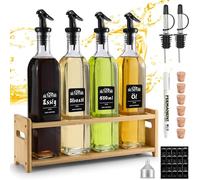 FNLLC Bottiglia d'olio con supporto in legno 500ml,bottiglie di vetro 4pcs,dispenser di olio d'oliva con imbuto,set di bottiglie di aceto e olio, con etichetta,tappo di sughero,per liquori e aceti