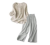 Fnumiszx Set di lino per le donne a quarto manica girocollo camicia ricamata e pantaloni a gamba larga in vita elastica abiti da 2 pezzi da donna estate da salotto set vacanze abbigliamento da viaggio