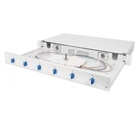 FO splice box, 1U, equipped, 6x LC DX, OS2 incl. splice cassette, colored pigtails, couplers