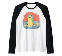 Foca Felice Che Surfa sulle Onde - Stile Vintage Maglia con Maniche Raglan