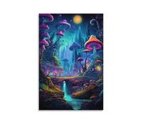 FOCCAR Quadri su tela con castello di funghi fiabeschi, arte da parete, fantasia, luna fiume, botanico, vintage, stampe su tela, decorazione da parete per la casa