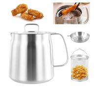 Focenat 2L Contenitore per Grasso in Acciaio Inox 304, Separatore di Olio con Filtro fine e Coperchio, Barattolo Contenitore Colino Olio, Stainless Steel Oil Filter Pot, per filtrare Conservare Olio