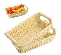 Focenat 2pcs Cestino Portaoggetti Intrecciati con manico in legno,Decorazione Cestini Stoccaggio,Contenitore Impilabile Intrecciato,Cesto Vimini,per Bagno Cameretta Salotto Ufficio