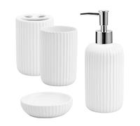 Focenat 4 pezzi Set di accessori per il bagno, portaspazzolino con dispenser di sapone, portasapone, Accessori per Bagno, Set da Bagno (Bianco)