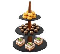 Focenat Alzata per Dolci a 3 Livelli in Ardesia Naturale e Legno Massello Ø25/20/15 cm, Supporto Stabile Antipasti con Piedini Antigraffio, per Cupcake, Frutta, Sushi, Dessert, Buffet, Feste