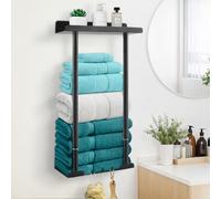 Focenat Porta Asciugamani Bagno da Parete, Porta Asciugamani Retrattile 38-75cm, Portasciugamani Bagno Adesivo con Ripiano e Ganci, Organizer Porta Asciugamano per Bagno Cucina Toilette (Nero)
