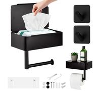 Focenat Porta Carta Igienica Senza Foratura con Scatola per Salviettine Umidificate e Ripiano Extra, Supporto Muro Autoadesivo in Acciaio Inox per Bagno e Cucina, Nero