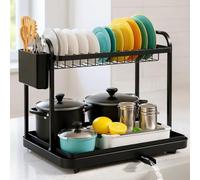 Focenat Scolapiatti da Appoggio, Scolapiatti da Lavello 2 Livelli, Scolapiatti Acciaio Inox, Scola Piatti Lavandino, Scolapiatti Multifunzionale, Scolapiatti per Piatti Grandi, Nero