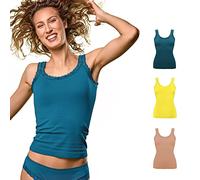 FOCENZA Canotta Donna in Microfibra con Dettagli in Pizzo, Intimo Senza Cuciture, Multipack da 3 Pezzi in Vari Colori, Made in Italy (Pesca-Petrolio-Giallo, S-M)