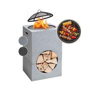 focolare da giardino BLUMFELDT Monolith con griglia e protezione scintille, Carbone di legna, Griglia da 1450 cm², Grigio chiaro