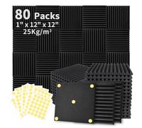 Focusound Confezione da 80 pannelli fonoassorbenti in schiuma, 2,5 x 30,5 x 30,5 cm, insonorizzanti, con cancellazione del rumore, per casa e ufficio, ricodifica, studio, con 420 adesivi bifacciali