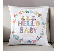Fodera per Cuscino 50x50 in Quadrata,Baby Shower, Hello Baby Quote with Kids Elements e Funny Owl Birds Welcome Ne,Decorativo Fodere Cuscini Moderno per Divano Letto Sedia Camera da Letto Copricuscini