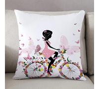 Fodera per Cuscino 50x50 in Quadrata,Bicicletta, ragazza in abito rosa in sella a una bicicletta con fiori colorat,Decorativo Fodere Cuscini Moderno per Divano Letto Sedia Camera da Letto Copricuscini