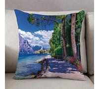 Fodera per Cuscino 50x50 in Quadrata,Paesaggio, Scenic Lago di Garda Malcesine Italy Stone Bicycle Road with Flowe,Decorativo Fodere Cuscini Moderno per Divano Letto Sedia Camera da Letto Copricuscini