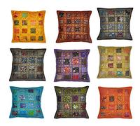 Fodera per cuscino decorativo in cotone patchwork ricamato con paillettes perline fiori etnici foglie geometriche quadrate a dispersione per caso (Mix 10 Pcs Lot (Geometric Square), 16" x 16")