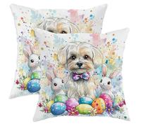 Fodere Cuscini 45X45Cm Set 2 Copricuscini Resistenti Federe Cuscini per Letti Decorazione Interni Spring Easter Maltese Dog Cute Bunny Eggs