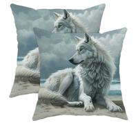 Fodere Cuscini Decorativi J-Ungle Wolf Novelty Mystery Beach White Wolf Ocean White Set of 2 Quadrate Square Federe per
