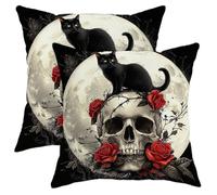 Fodere Cuscini Halloween Cat And Skull with Roses Copri Cuscino Set 2 Traspirante Cerniera Invisibile Fodera per Cuscino per Giardini Interni Balcone 45X45Cm