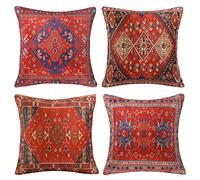 Fodere per Cuscini 45x45 cm Rosso Vintage Astratto Tappeto Turco Motivo Decorativo Fodera per Cuscino in Cotone e Lino Fodere Quadrate per Cuscino Set di 4 per Divano Camera da Letto Soggiorno