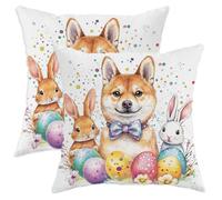 Fodere per Cuscini 45X45Cm Set 2 Copricuscini Cerniera Invisibile Fodere Cuscini per Letti Decorazione Divano Spring Easter Shiba Dog Cute Bunny Eggs