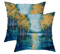 Fodere per Cuscini Autumn Landscape Blue River And Golden Tree Set of 2 Cerniera Invisibile Square Federe per