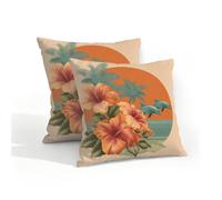 Fodere per cuscini da esterno impermeabili, set da 2 pezzi, 40x40 cm, tramonto sull'oceano, fiori e delfini su sfondo retrò, fodera decorativa per cuscino per divano, giardino e patio.