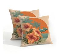 Fodere per cuscini da esterno impermeabili, set da 2 pezzi 45x45 cm con motivo tramonto sull'oceano, fiori e delfini su sfondo retrò, fodera decorativa per cuscino per divano, giardino e patio.