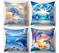 Fodere per Cuscini Decorativa in Vellutato 50x50cm Set di 4 Delfini arcobaleno dell'oceano Federe Cuscini Divano,Decorativi Quadrato Morbido Copricuscini for Mobili da Giardino all'aperto Decor
