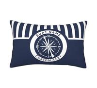 Fodere per cuscino personalizzate in stile nautico blu navy e bianco con nome personalizzato della barca, bussola, cuscino lombare decorativo in stile casa di fattoria, decorazione per casa sul lago