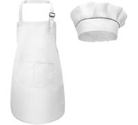 Fodlon Grembiule con tasche da cucina regolabile per bambini + cappello da chef, per la cottura al forno, pittura, Bianco, 4-12 anni