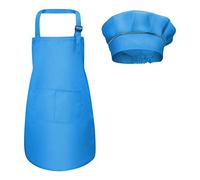 Fodlon Grembiule per Bambini + Cappello da Cuoco, Grembiule da Cucina Regolabile per Bambini con Tasche Grembiule da Chef per Cucinare e Cuocere la Pittura 4-12 Anni (Blu, L)