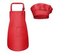 Fodlon Grembiule per Bambini + Cappello da Cuoco, Grembiule da Cucina Regolabile per Bambini con Tasche Grembiule da Chef per Cucinare e Cuocere la Pittura 4-12 Anni (Rosso, L)