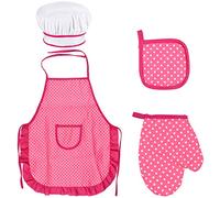 Fodlon Set Chef per bambino, Grembiule Cucina Regolabile, Cappello Cuoco, Guanto da Cucina, Tappetino Resistente al Calore per bambino 3-8 Anni (Rosa Rosso)