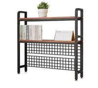 FOELANNE Scaffale da scrivania Hutch Libreria, Mobile da scrivania for computer a 2 livelli con griglia metallica e ripiani in legno nero bianco 95-115 cm(Black,95 * 20 * 98cm)