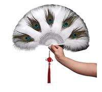 FOELANNE Ventaglio vintage a mano in piume, Ventaglio pieghevole in piuma multicolore 30x50 cm for spettacoli di feste di matrimonio(White)