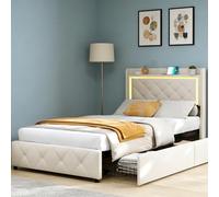 FOERPL 90x200 Letto Singolo Imbottito con 2 Cassetti di Riordinamento, LED e Porta USB - 90x200 cm Struttura per Letto a Una Piazza con Testata Imbottita e Rete a Doghe