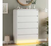 FOERPL - Comò per Camera da Letto Adulti con 5 Cassetti, Comò con Cassetti Bianchi, Chiffre in Legno con LED, Comò Basso con Cassetti, Mobile per Corridoio con Spazio di Archiviazione