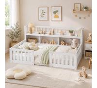 FOERPL Letto a Pavimento Montessori 90 x 200 cm, letto singolo per bambini da pavimento con libreria integrata e guardie corpi, telaio per letto a pavimento in legno con rete a doghe, bianco (senza