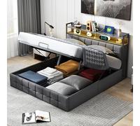 FOERPL Letto capitonné 140x200 con contenitore, letto contenitore con LED e porte di ricarica USB, letto matrimoniale imbottito in tessuto di lino, telaio del letto con doghe, senza materasso (Grigio