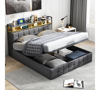 FOERPL Letto imbottito 140 x 190 con custodia, letto cassettiera con LED e porte di ricarica USB, letto matrimoniale imbottito, tessuto in lino, telaio letto con listelli, senza materasso (grigio A