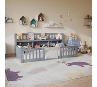 FOERPL Letto Montessori al pavimento 90 x 200 cm, letto singolo per bambini da pavimento con libreria integrata e protezione del corpo, telaio del letto a pavimento in legno con rete a doghe, grigio