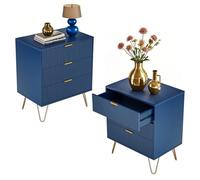 FOERPL Set di 2 Comodini Camera da Letto,60x40x70 cm Comodino con 3 cassetti e gambe in metallo, per camera da letto,soggiorno, blu navy, MDF