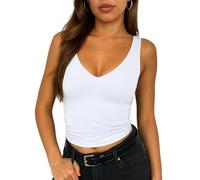 FOFAINWE, canottiera da donna senza maniche, scollo a V, taglio crop, estiva, da spiaggia, a doppio strato, casual, basic, bianco, XS
