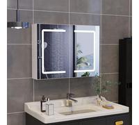 Fofetbfo Armadietto a specchio da bagno con illuminazione, 80 x 13,5 x 60 cm, a doppia porta, con specchio e spazio aperto, specchio da bagno, interruttore touch, 3 colori di luce regolabili, per